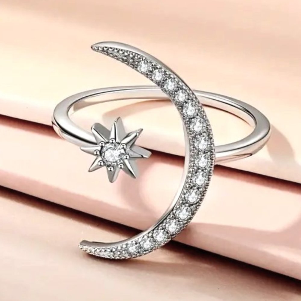 Star & Moon Ring Rhinestones Sparkle Divine Lunar Crescent Cosmic Earth Celeste
